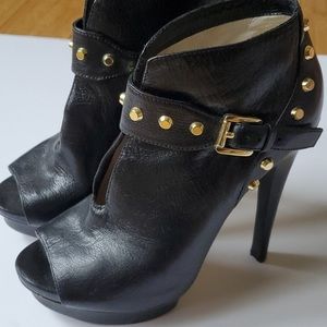 MK black leather heeled ankle bootie buckles studs 6